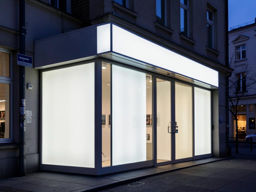 Illuminated shopfront signage panels at dusk