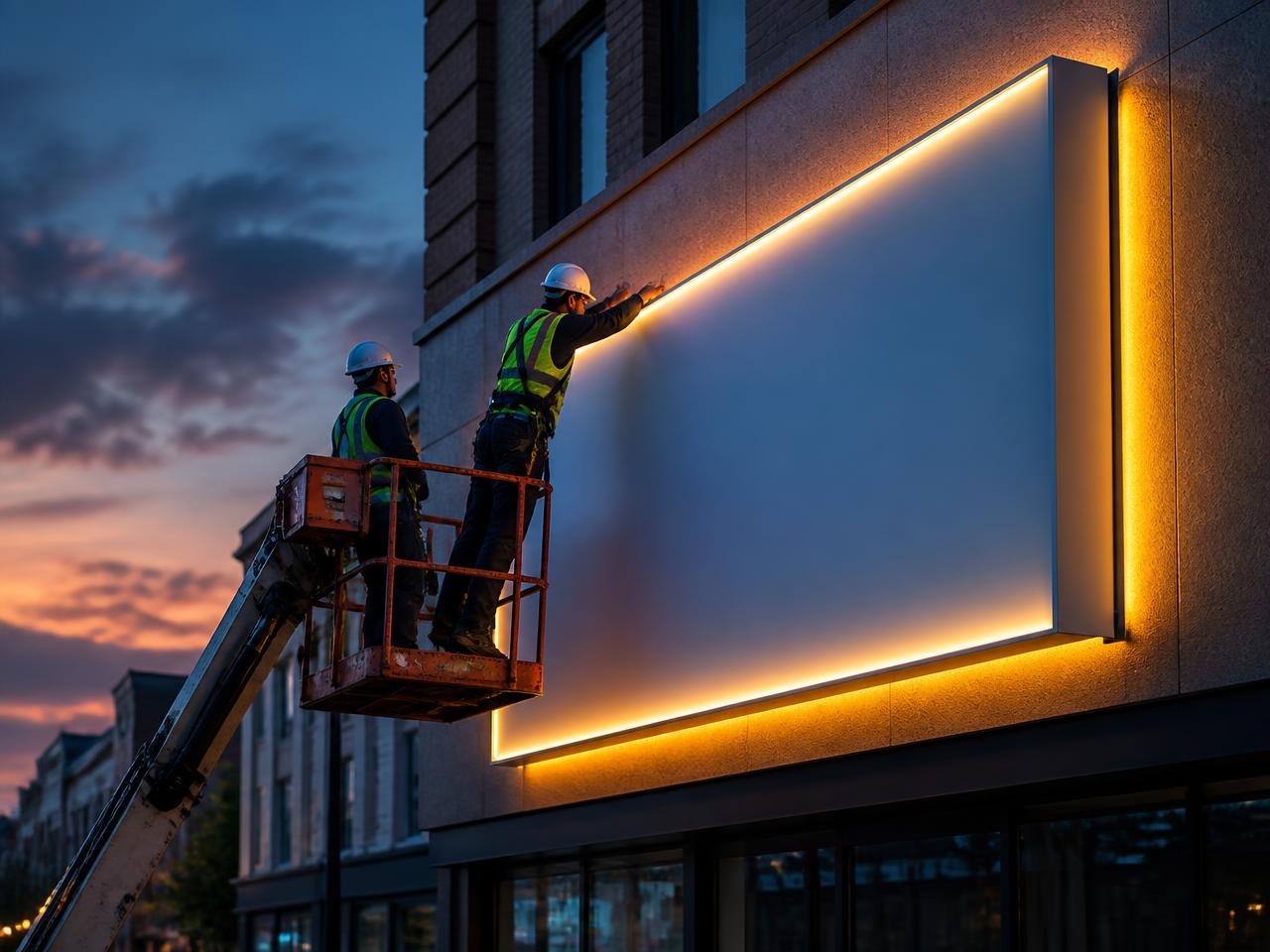 Technicians installing an illuminated shopfront sign at dusk
